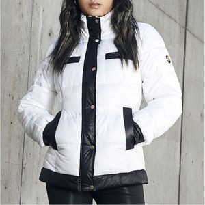 Jessica Simpson Off White & Black Quilted Mock Neck Puffer Coat Size Medium NEW